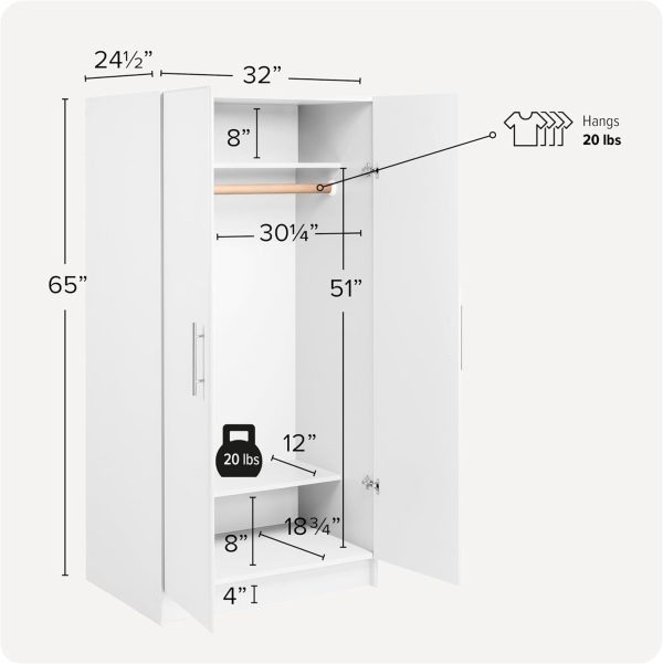 Prepac Armoir, Elite 32"W x 35"H x 20"D White Wardrobe Closet & Cabinet - Functional Clothes Storage with Hanging Rail, Armoire Wardrobe - WEW-3264 - Image 11