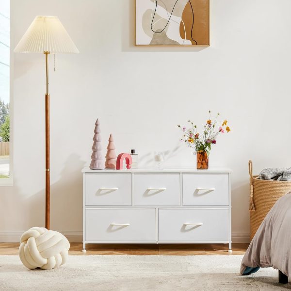 Sweetcrispy Dresser for Bedroom, Drawer Dresser Organizer Storage with 5 Drawers Short Dresser, Chest of Drawers with Fabric Bin, Steel Frame, Wood Top for Bedroom, Entryway - Image 2