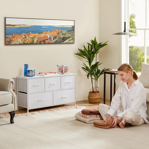 Sweetcrispy Dresser for Bedroom, Drawer Dresser Organizer Storage with 5 Drawers Short Dresser, Chest of Drawers with Fabric Bin, Steel Frame, Wood Top for Bedroom, Entryway - Image 8