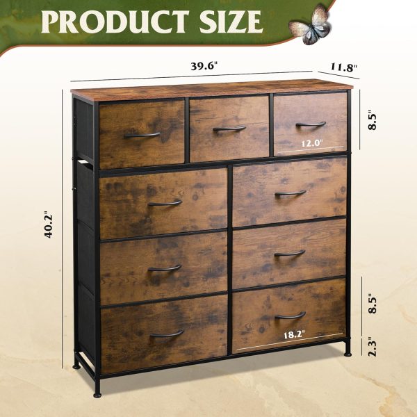 WLIVE 9-Drawer Dresser, Fabric Storage Tower for Bedroom, Hallway, Entryway, Closet, Tall Chest Organizer Unit with Fabric Bins, Steel Frame, Wood Top, Easy Pull Handle, Rustic Brown Wood Grain Print - Image 3