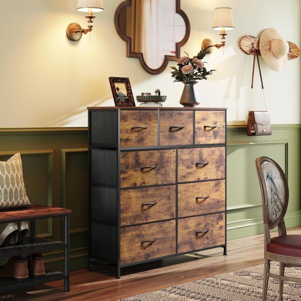 WLIVE 9-Drawer Dresser, Fabric Storage Tower for Bedroom, Hallway, Entryway, Closet, Tall Chest Organizer Unit with Fabric Bins, Steel Frame, Wood Top, Easy Pull Handle, Rustic Brown Wood Grain Print - Image 8