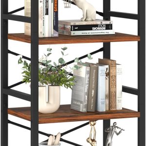 Yoobure 4 Tier Bookshelf - Small Book Shelf Industrial Bookcase, Narrow Book Case Book Storage Organizer for CD/Movie/Book, Bookshelves for Bedroom Office Living Room Berry Brown