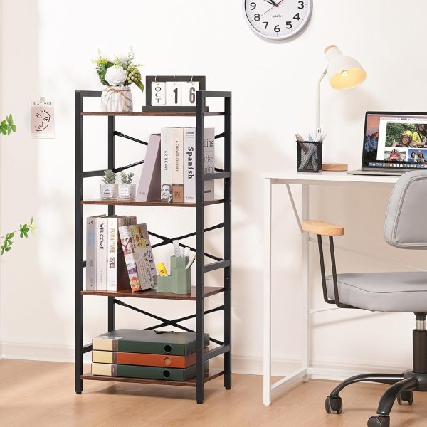 Yoobure 4 Tier Bookshelf - Small Book Shelf Industrial Bookcase, Narrow Book Case Book Storage Organizer for CD/Movie/Book, Bookshelves for Bedroom Office Living Room Berry Brown - Image 2