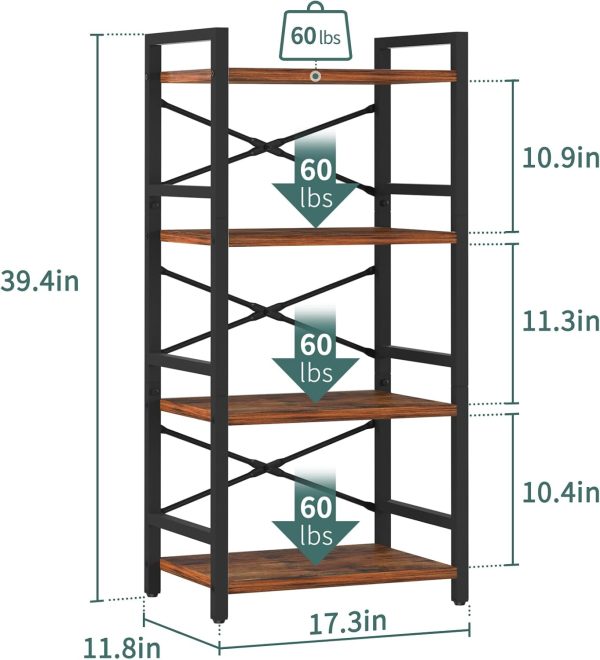 Yoobure 4 Tier Bookshelf - Small Book Shelf Industrial Bookcase, Narrow Book Case Book Storage Organizer for CD/Movie/Book, Bookshelves for Bedroom Office Living Room Berry Brown - Image 3