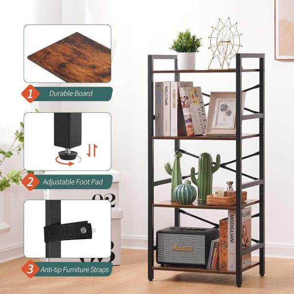 Yoobure 4 Tier Bookshelf - Small Book Shelf Industrial Bookcase, Narrow Book Case Book Storage Organizer for CD/Movie/Book, Bookshelves for Bedroom Office Living Room Berry Brown - Image 4
